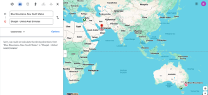 The distance between Dharug and Gundungurra Country and Sharjah on Google Map