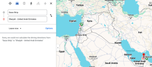 The distance between Sharjah and Gaza on Google Map