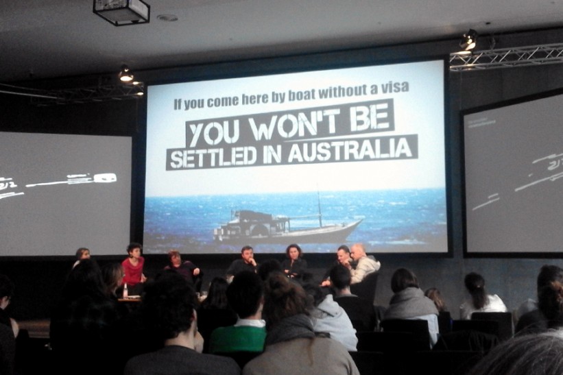 Mathias Jud and Christoph Wachter speaking on the panel ‘Border Visions’ at Transmediale,  Haus der Kulteren der Welt Berlin, February 2016. Credit: Author.